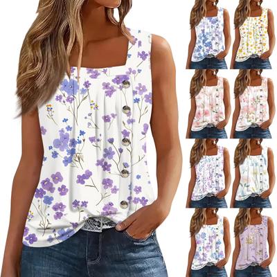 Damenmode Casual Basic Plissee Einfarbig Knopf Quadratischer Kragen Ärmellose Weste Print Sommer Tank Tops