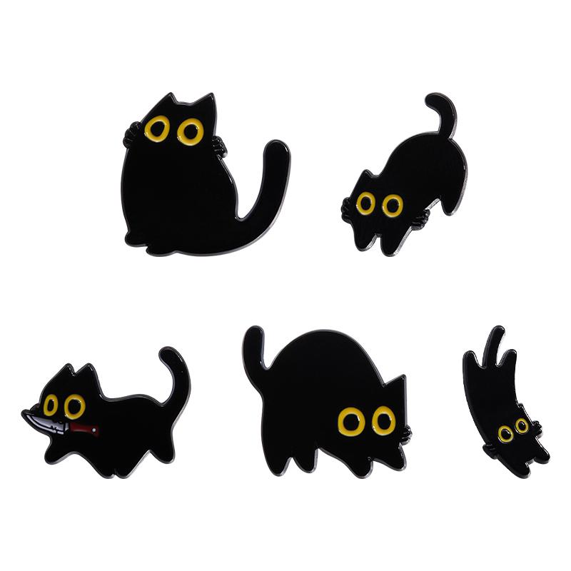 Cute Cat 4-6pcs/Set Enamel Pins Black Fluid Cat Brooches Lapel Badge Punk Animal Jewelry Gift for Friends