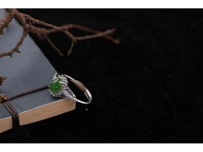 Adjustable Women's Ring with 925 Sterling Silver, Green Jasper, Zircon, and Jade Oval Design, with Certificate