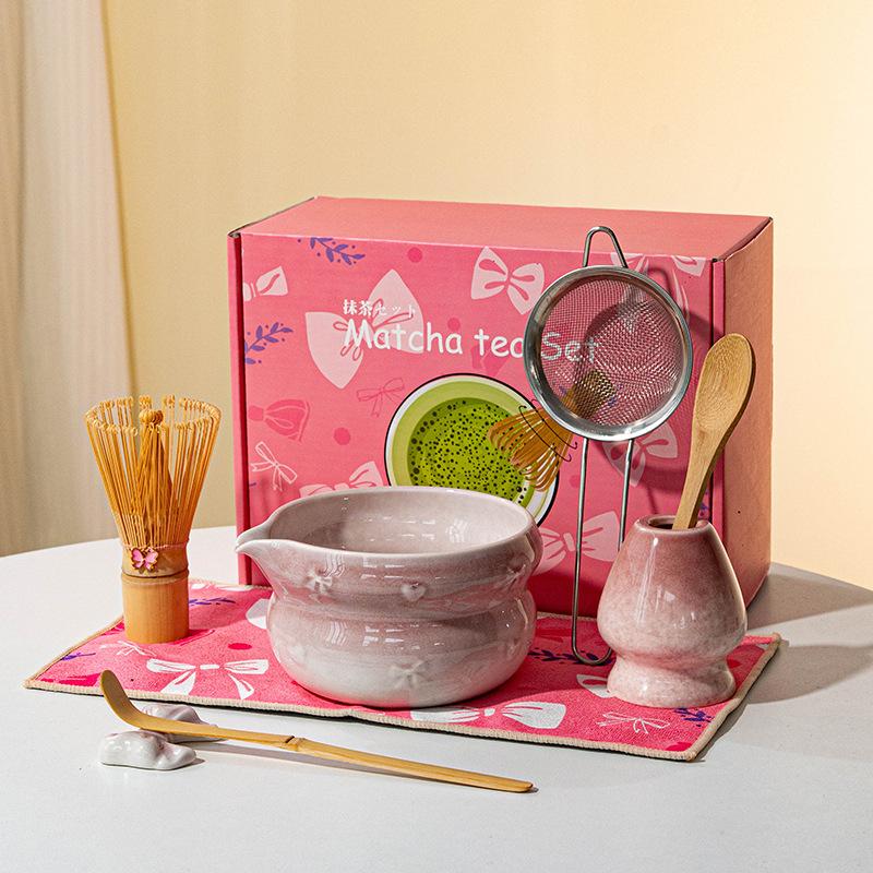 8pcs Authentic Japanese Tea Ceremony Set - Pink Ceramic Matcha Bowl with Whisk Stand