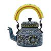 Handcrafted & Handpainted Multicoloured Aluminium Tea Kettle Pot and 6 Glasses with Stand (Black, Yellow, White)
