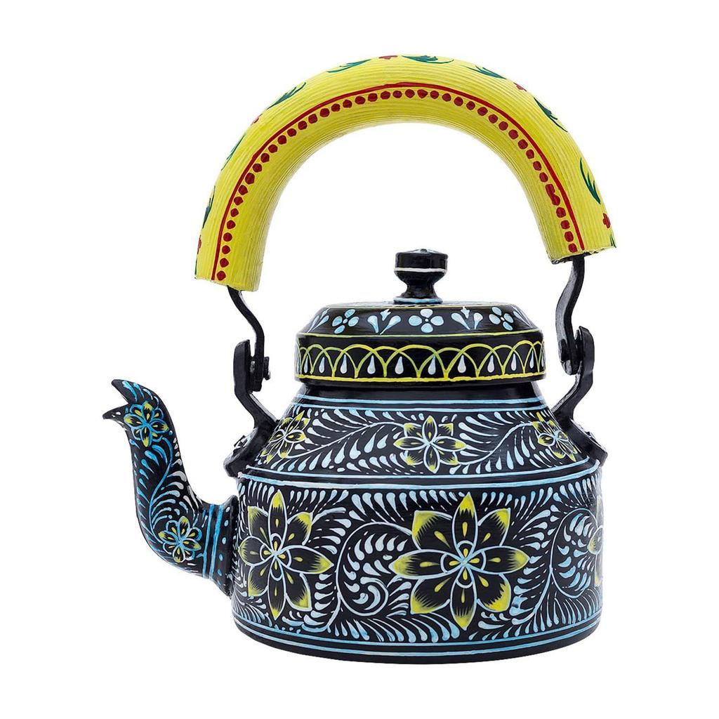 Handcrafted & Handpainted Multicoloured Aluminium Tea Kettle Pot and 6 Glasses with Stand (Black, Yellow, White)