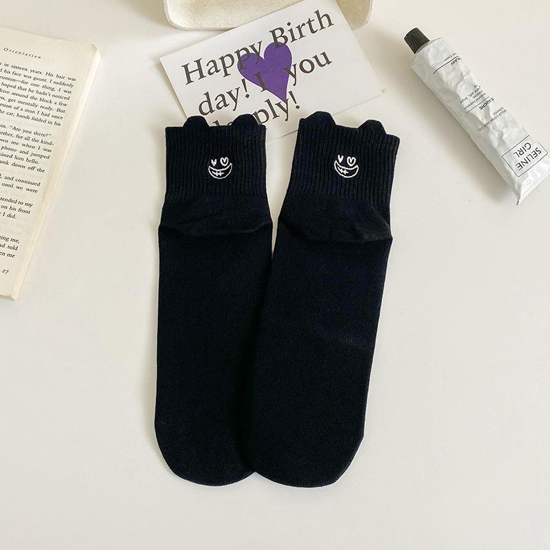Female Spring and Summer Cartoon Embroidered Heel Small Ear Breathable Mesh Tube Cotton Socks