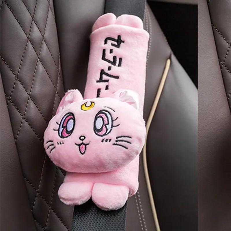 

Новая мультяшная подушка на подголовник, милая машина с головой кошки Luna, плюшевая подушка для шеи, подушка для подголовника автокресла, Kawaii, автомобильные аксессуары для девочек 1 belt pink