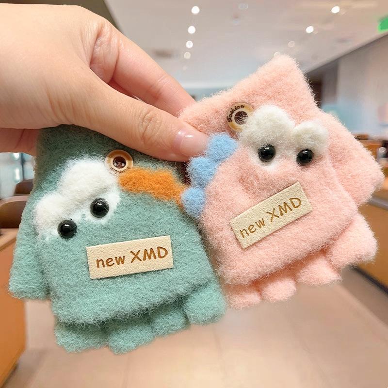 Cartoon Autumn Winter Gloves Cold Proof Windproof Baby Children Half Finger Flap Gloves Thickened Hand Warmer