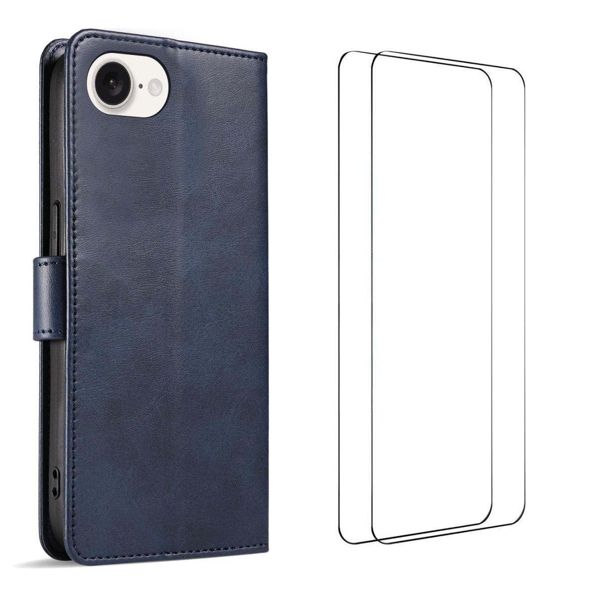 

For iPhone 16e Case with 2Pcs Tempered Glass WANLONFENG WN Series Calf Texture Leather Phone Cover Big Cutouts D