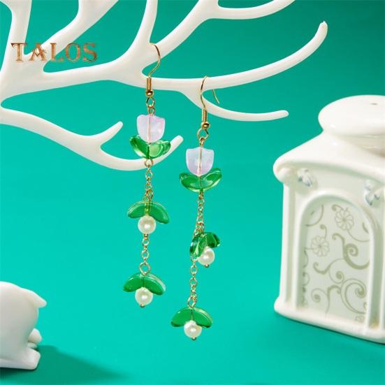 1 Pair Women Hook Earrings Faux Pearl Tulip Shape Long Tassel Alloy Electroplated Ear Jewelry Lady Prom Cocktail Party Dangle Earrings Hanging
