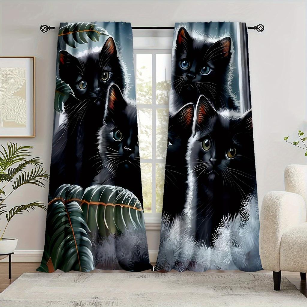 2Pcs Hd Digital Printed Curtains Rod Pocket Curtains Black Cat Print Curtain For Bedroom Study Window Living Room Office Home De