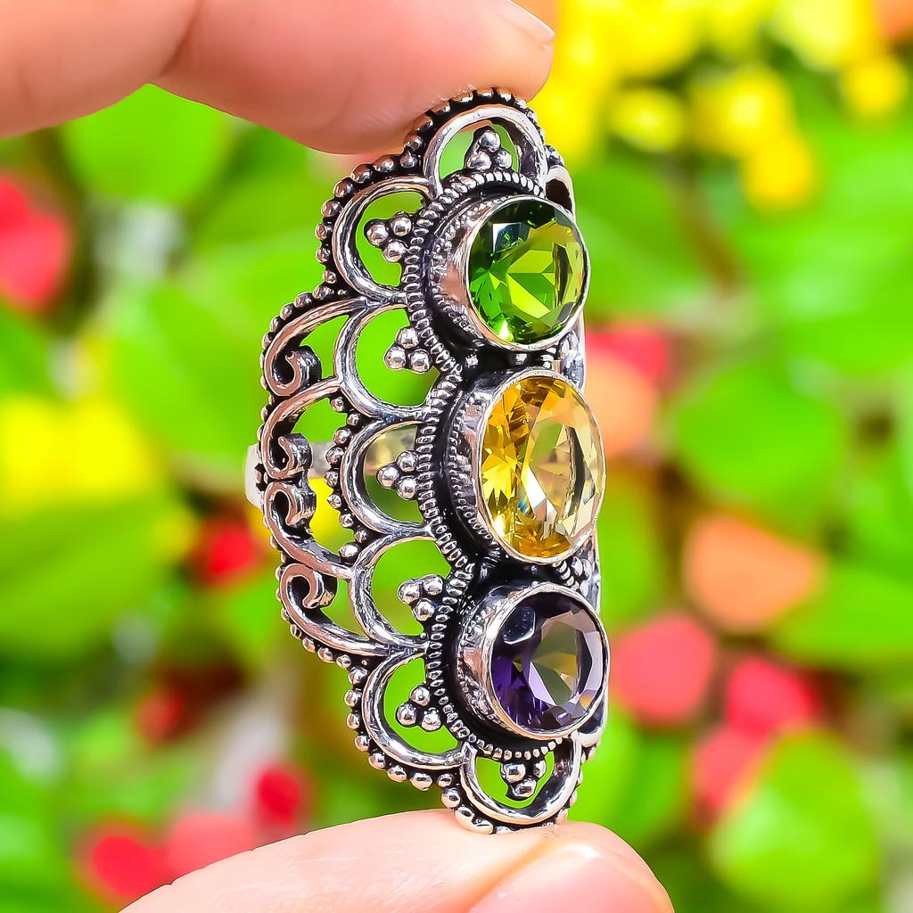 Citrine, Peridot Gemstone 925 Sterling Silver Gift Jewelry Ring Size 7