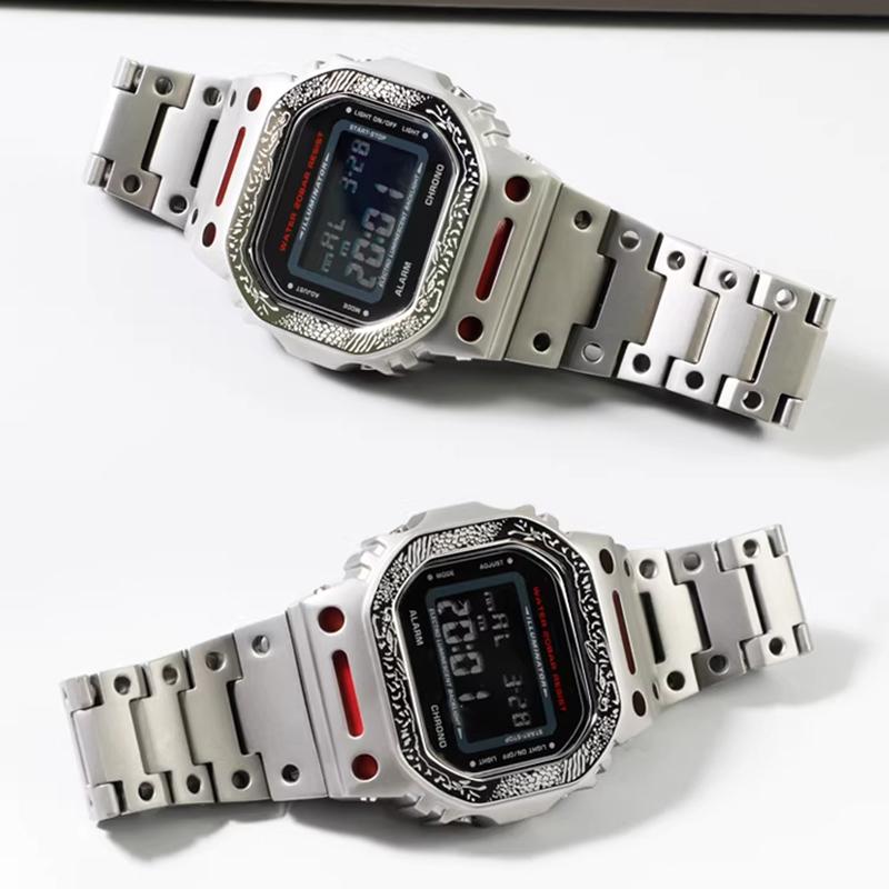 For Casio Small Square GW-M5610DW5600 Series Modified Tiger Rock Pattern Relief Mech Metal Case Strap Watch Trendy Accessories