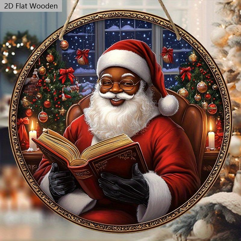 Schwarzer Weihnachtsmann Holzweihnachtsschild - Navidad Rundes Schild für Hof, Tür, Wandbehangdeko - Ideale Weihnachtsdekoration