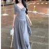 Elegant Gray Vneck Long Dress With High Waist For Autumn Womens Casual Wear