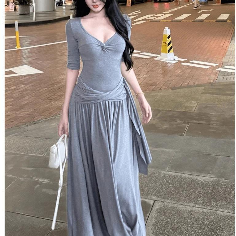 Elegant Gray Vneck Long Dress With High Waist For Autumn Womens Casual Wear