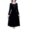 Women's Velvet Long Sleeve V-Neck Mesh Detail Elegant Midi A-Line Evening Party Formal Slim Dress