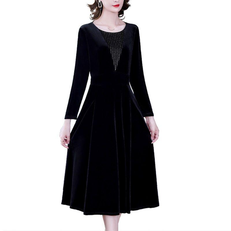 Women's Velvet Long Sleeve V-Neck Mesh Detail Elegant Midi A-Line Evening Party Formal Slim Dress