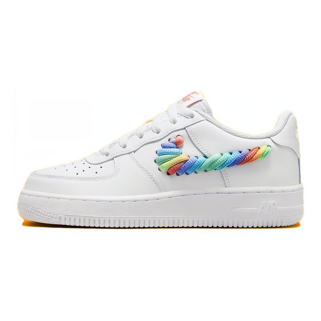 Nike Air Force 1 Low GS Rainbow Lace Swoosh Kids Sneakers White Multi-Color Terra-Blush FQ4948-100