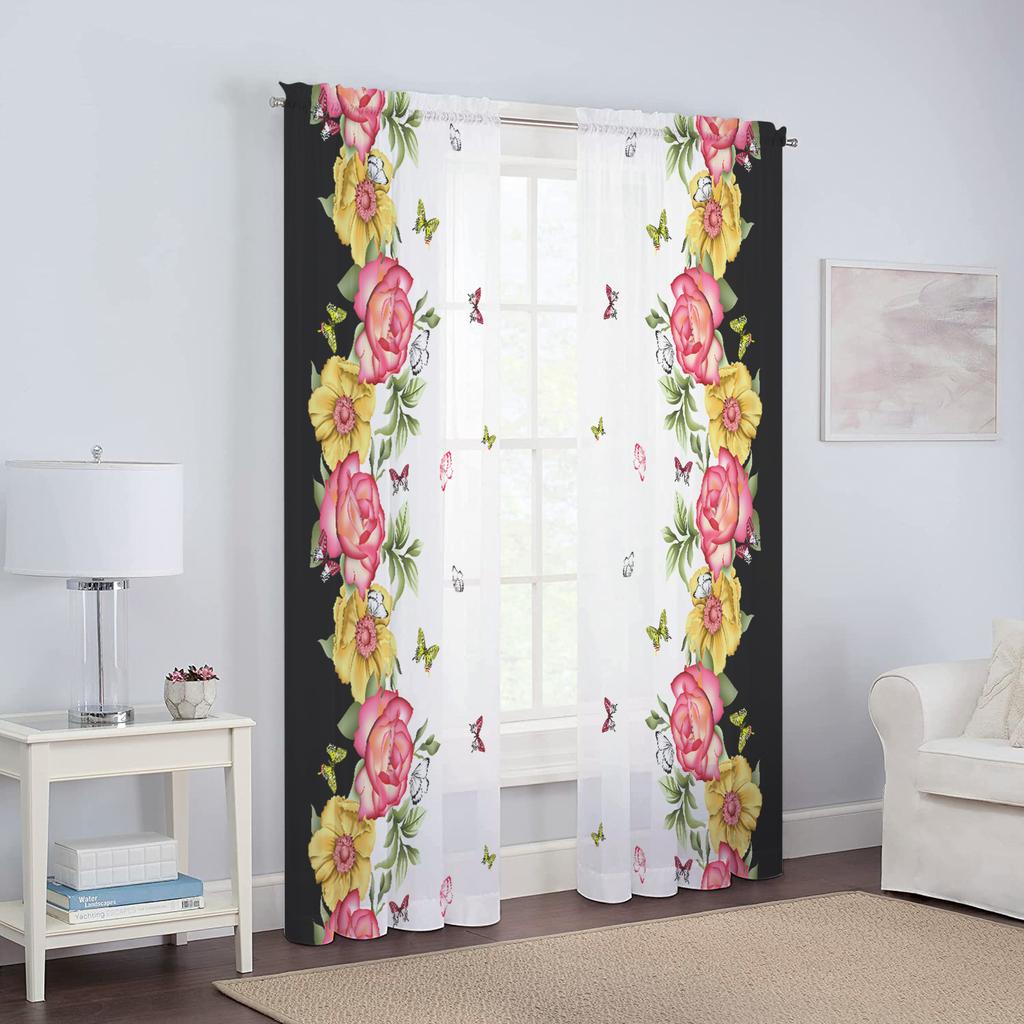 Romantyczna Różana Kwiatowa Żółte Kwiaty Przezroczysta Woalowa Zasłona do Salonu Domowej Kuchni Zielone Liście Motyl Okienna Tiulowa Zasłona