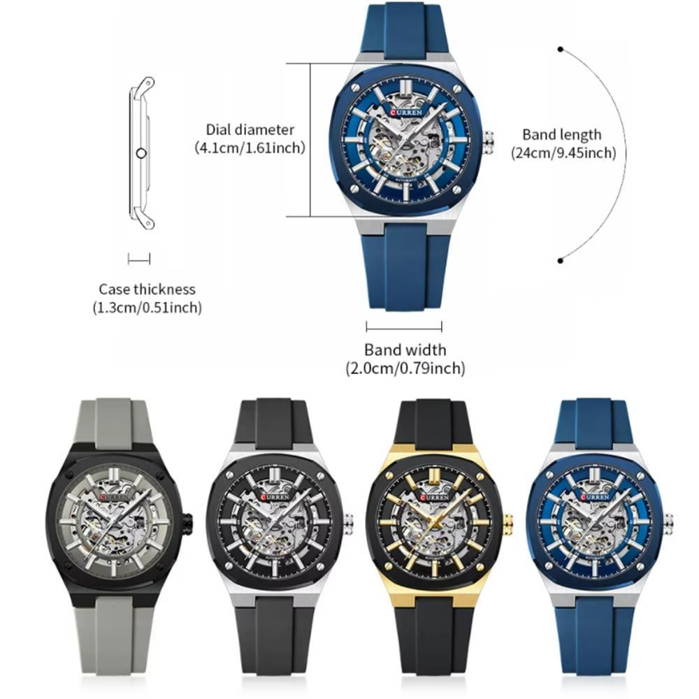 CURREN Men Automatic Mechanical Original Waterproof Silicone Strap Luminous Business Fashion Clock