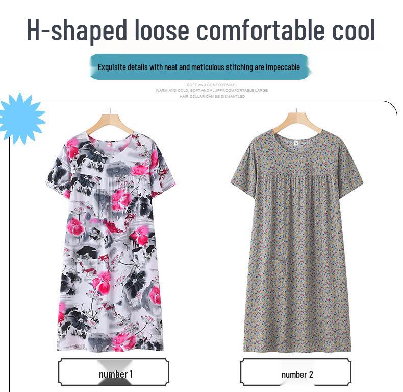Silk-Blend Short Sleeve Nightgown for Moms, New Summer-Style Lightweight Loose Pajamas.