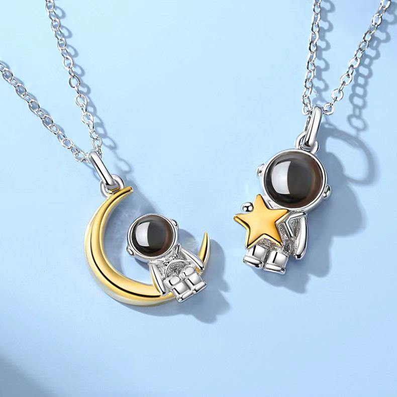 S925 Sterling Silver Astronaut & Star Moon Pendant Necklace - Trendy Japanese Korean Style for Women