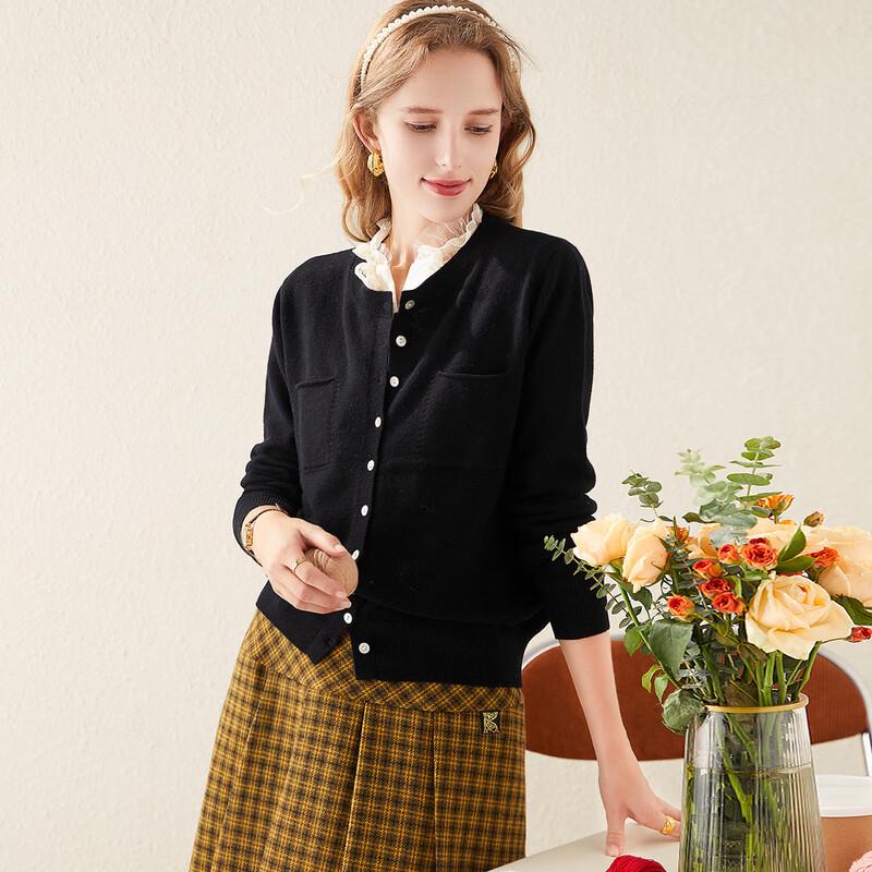 TUHUANG Women's Pure Wool Round Neck Cardigan Sweater