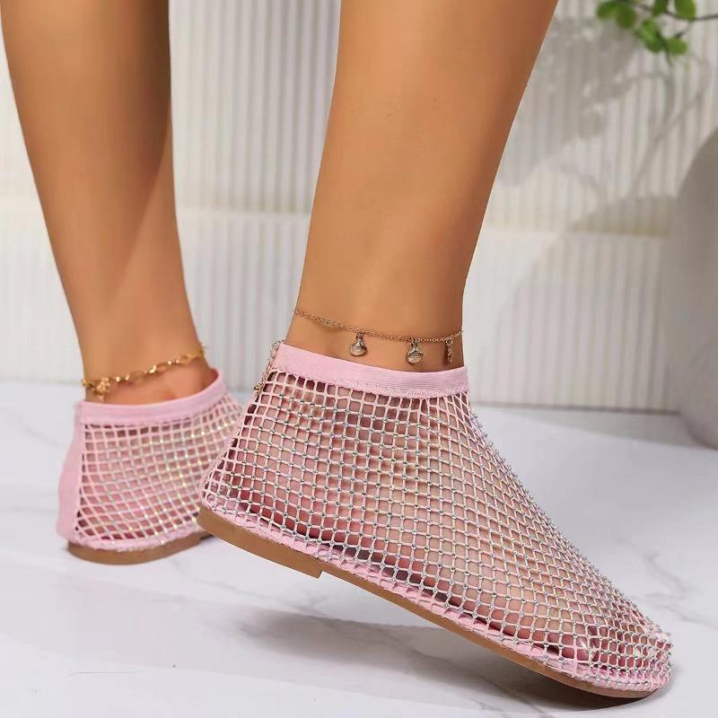 Stivaletti Bassi da Donna Taglie Forti, Punta Tonda, Traforati, Inlaid con Strass, Sexy, Casual, Calzature Estive