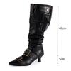 Fashion Pointed Toe Belt Buckle Metal Rivet Women Knee High Boots Autumn Winter Patent Leather High Heels Boots Shoes