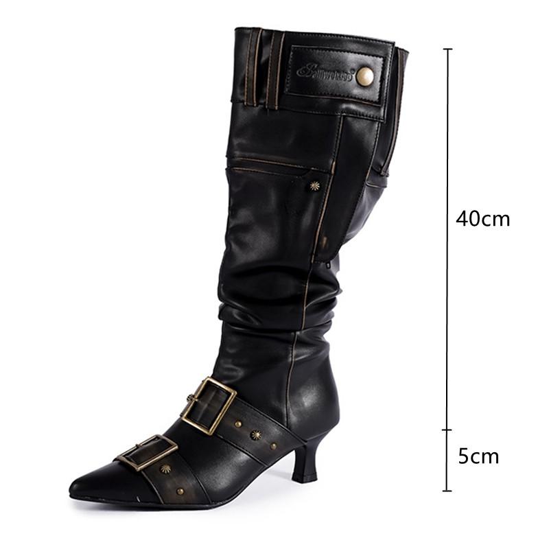 Fashion Pointed Toe Belt Buckle Metal Rivet Women Knee High Boots Autumn Winter Patent Leather High Heels Boots Shoes