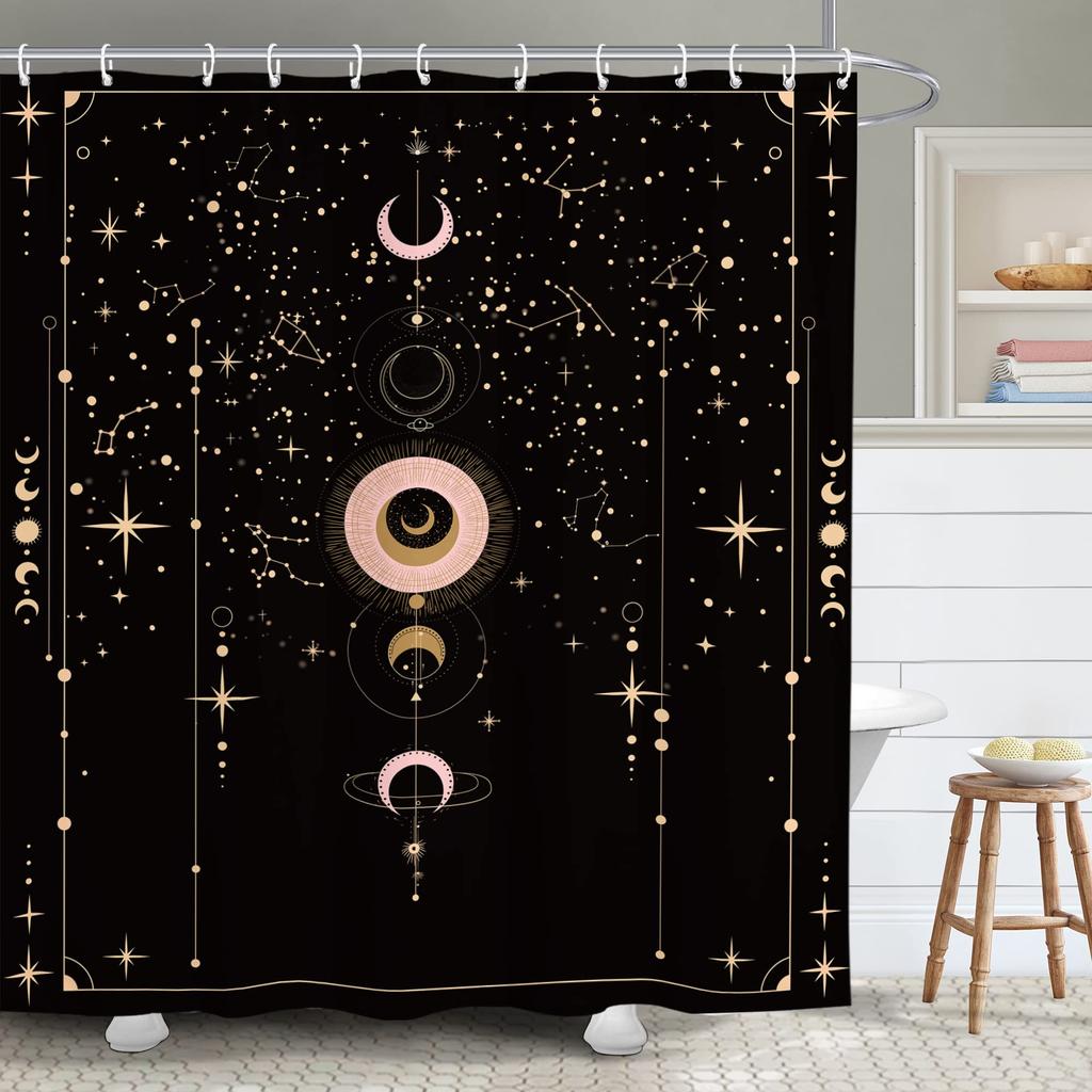Vintage Dark Green Forest Bathroom Shower Curtain Night Moon Landscape Nature Mystical Midnight Polyester Fabric 12 Plastic