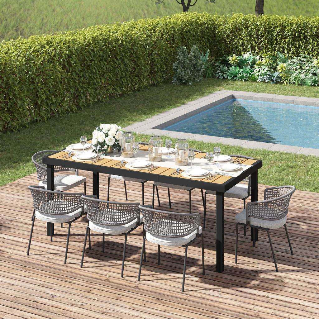 Aluminium Outdoor Garden Dining Table for 8 People, Faux Wood Top, for Garden, Patio, 190 X 90 X 74 Cm, Natural