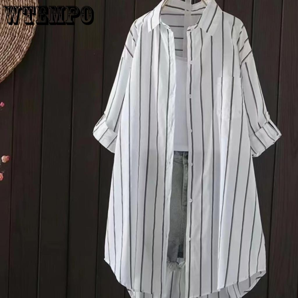 Cămașă Casual cu Dungi de Lungime Medie Îmbrăcăminte de Protecție Solară pentru Femei Cămașă de Vară pentru Aer Condiționat Jachetă Subțire Cardigan Versatil pentru Femei