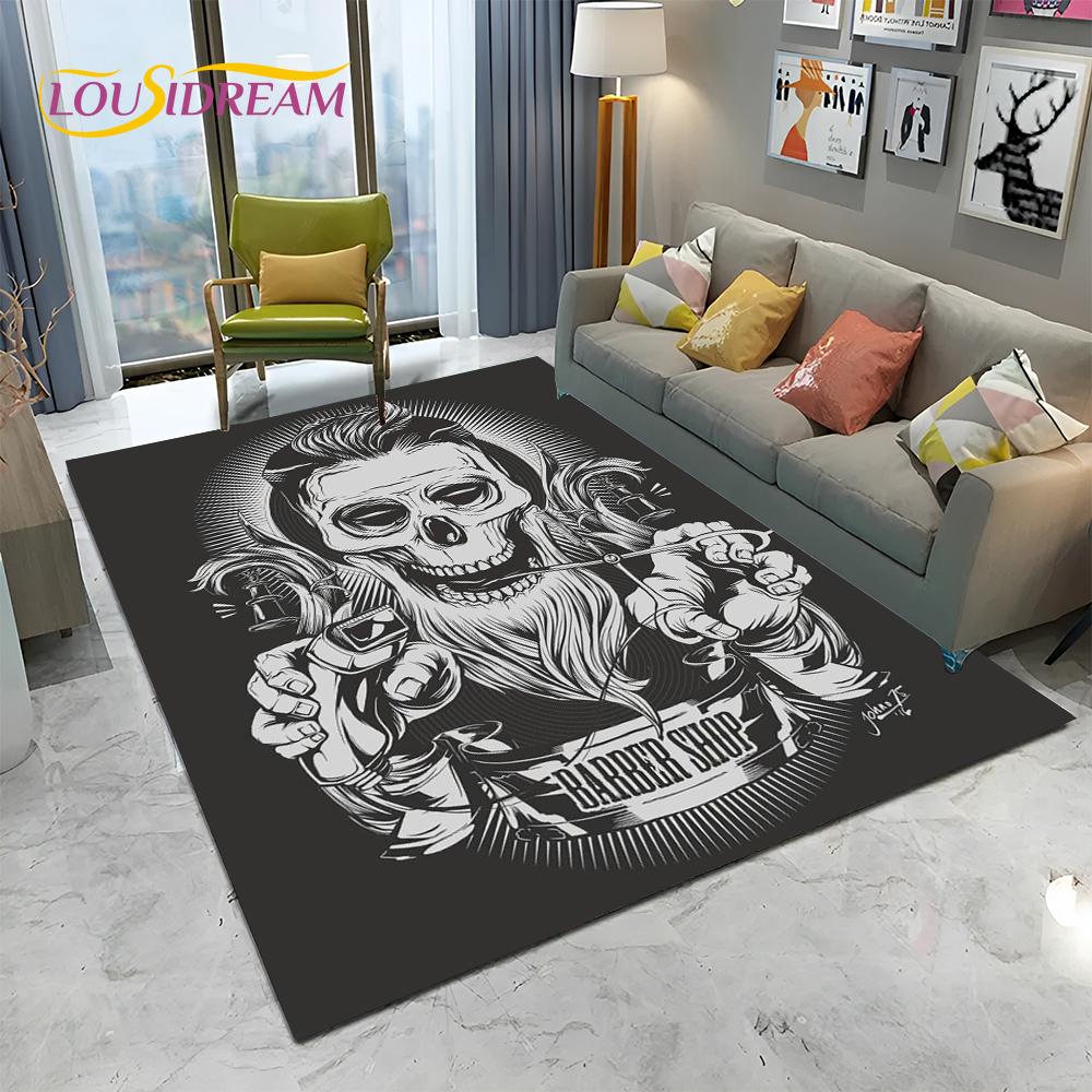 Berber Dükkanı Tabelası 3D Kurukafa Vintage HD Halı Kilim Ev Oturma Odası Yatak Odası Kanepe Paspas Dekorasyonu için, Çocuk Alan Halısı Kaymaz Zemin Matı