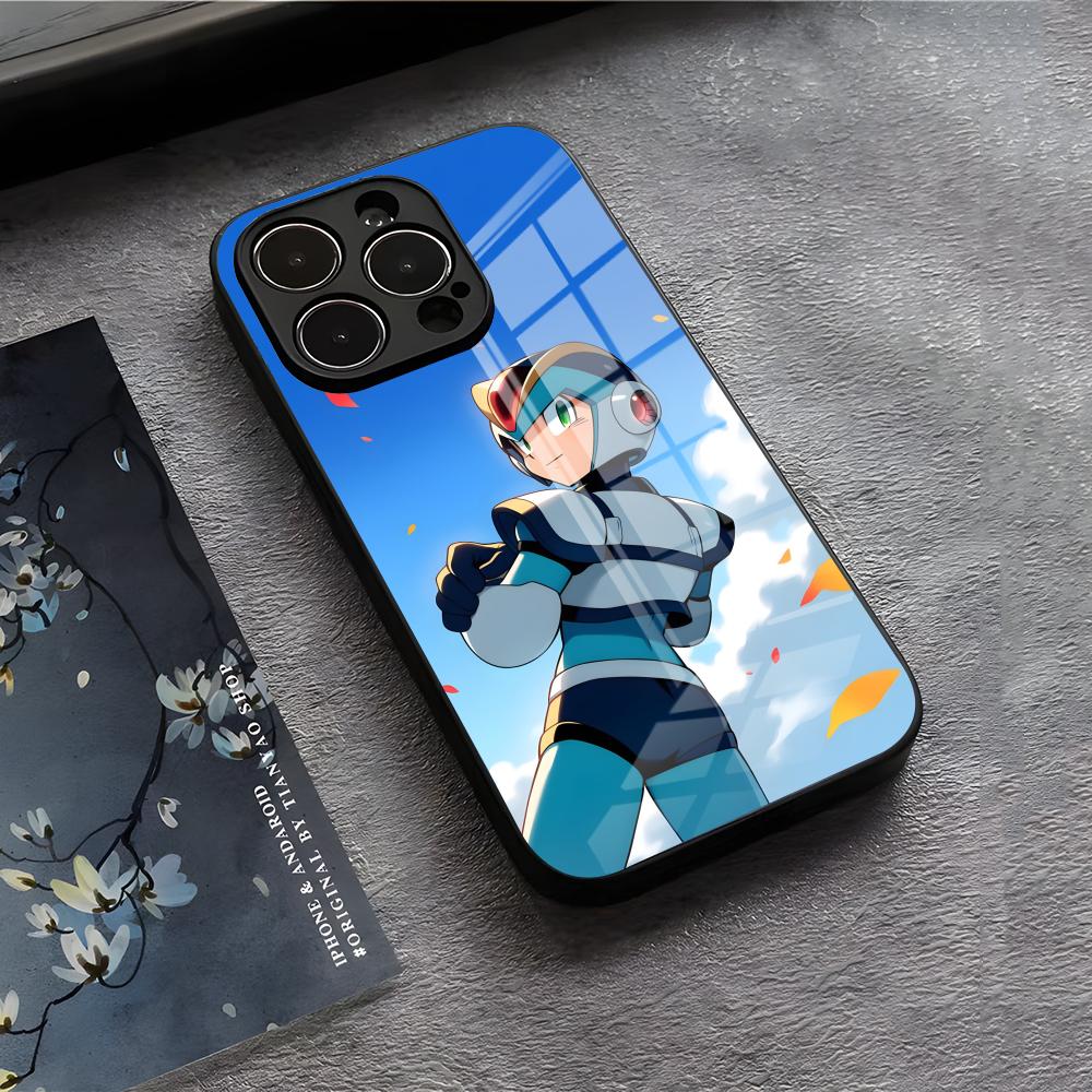 R-Rockman M-Megaman Cool Phone Case For IPhone 17 Air 16 E Pro Max 15 14 13 Mini 12 Pro 11 Max Plus Black Glass Cover