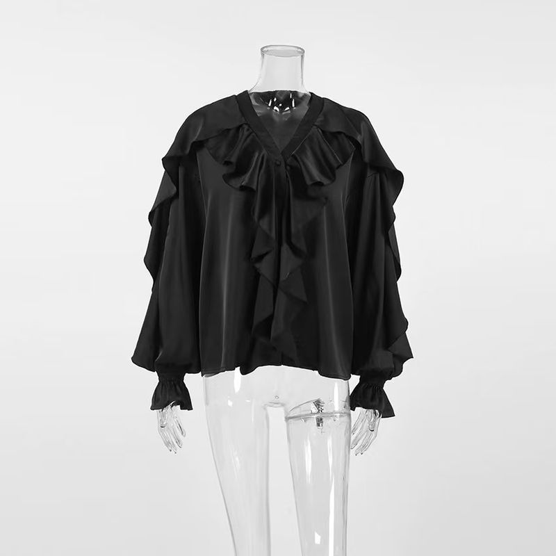 

Модный стиль Модная новинка V-образный вырез Воланы Рукава-буфы Атласная рубашка V-образный вырез Рубашка с рукавами-лепестками лотоса Black M