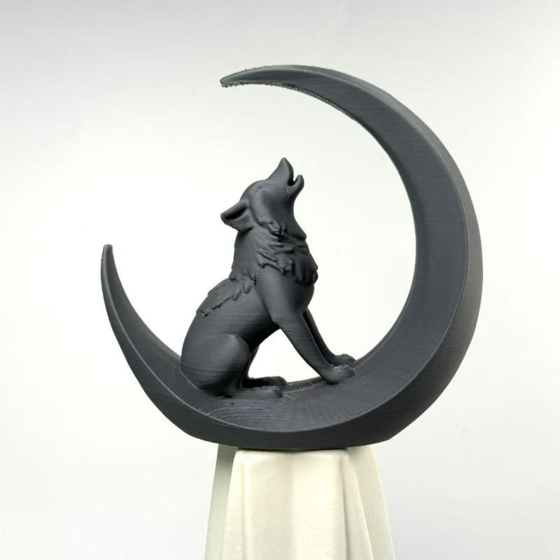3D Printed Wolf and Moon High Aesthetic Creative Desk Decor Office Tabletop Mini Sculpture Modern Home Desktop Ornament Gift