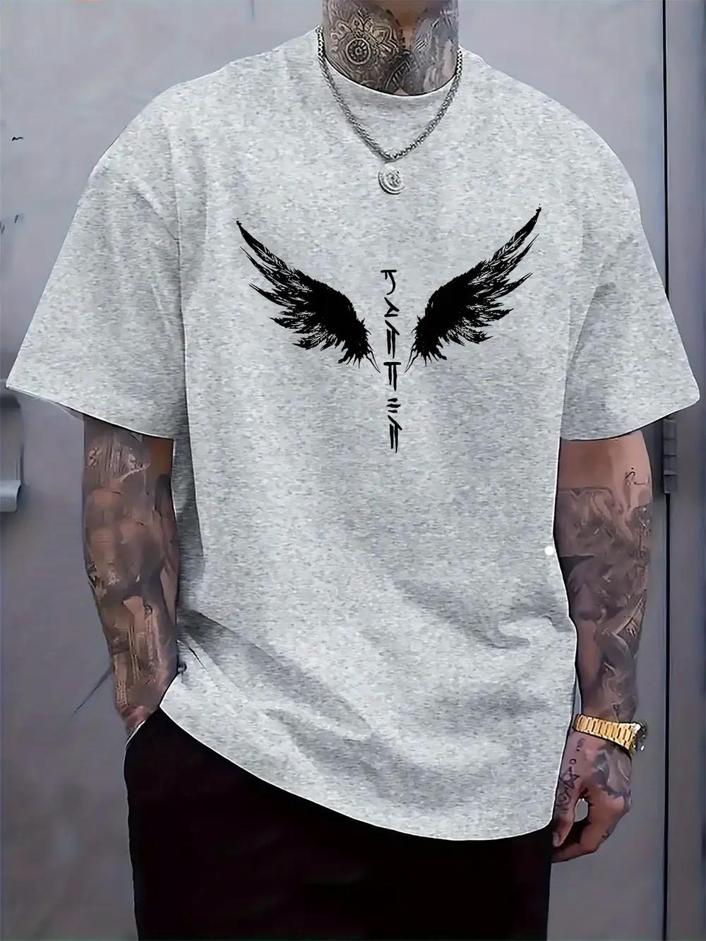 

Casual Crew Neck T-shirt with Black Angel Wings Print - Soft Gray XXXXL
