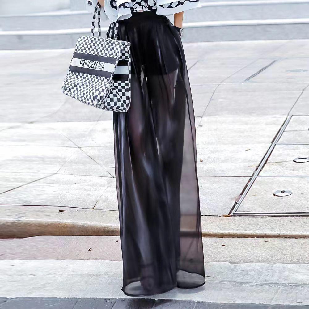 Women's High-Waisted Black Chiffon Wide-Leg Pants - Light Summer Style
