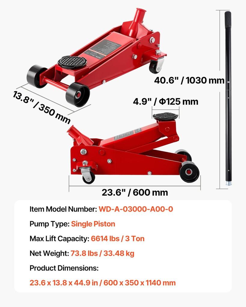 Low Profile Floor Jack, 3 Ton Capacity, Steel Racing Floor Jack with Single Piston Quick Lift Pump, Hydraulic Trolley Car Lift for Sports Cars,