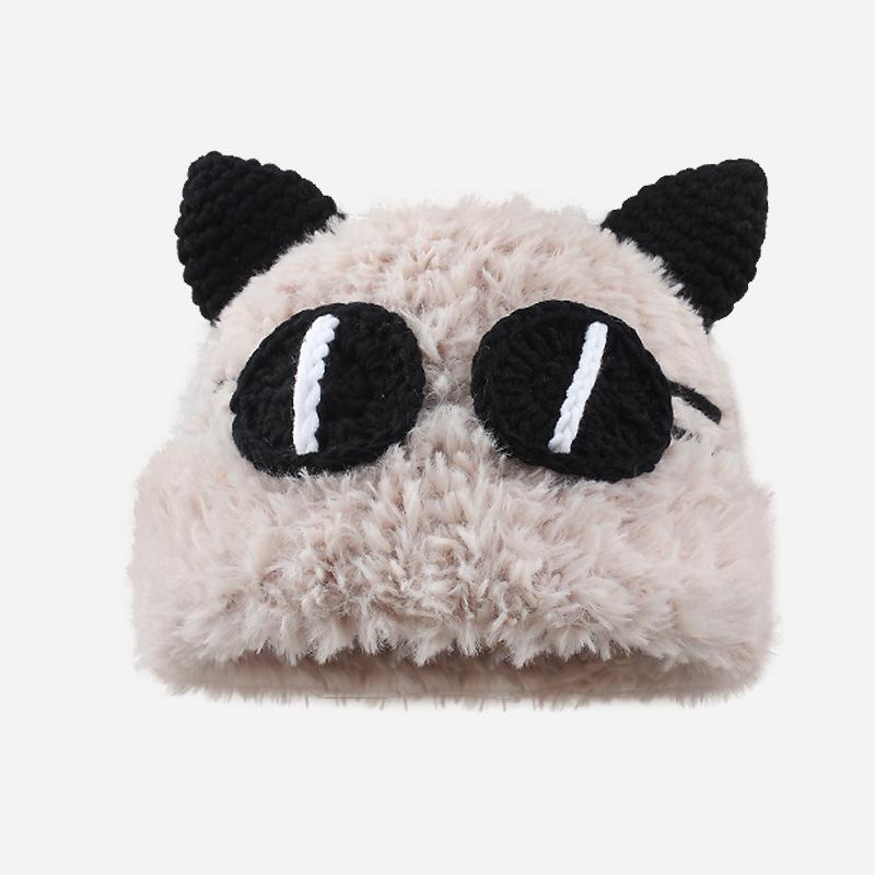 Autumn and winter cute cat big eyes plush knitted hat couple thickened warm big head circumference versatile basin hat