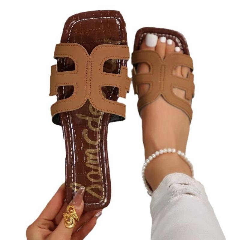 Fairy wind flat-bottomed cool slippers female new large size H leather one-word slippers summer wear beach sandals