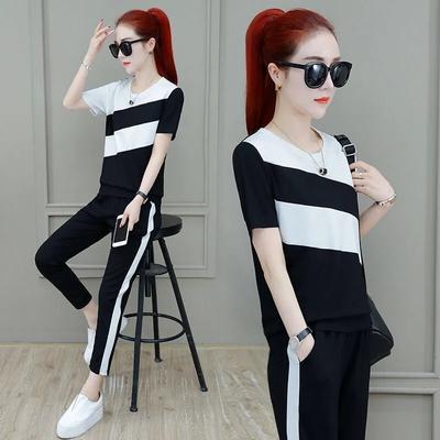 Women's Summer Sports and Leisure Suit Students Round Neck Short-sleeved Top + Sports Pants Striped Two-piece Set