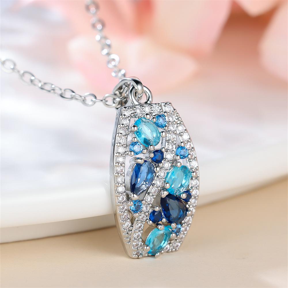 Blue Crystal Aqua Stone Pendant Zircon Necklaces for Women Vintage Silver Color Chain Necklace Wedding Jewelry Accessory