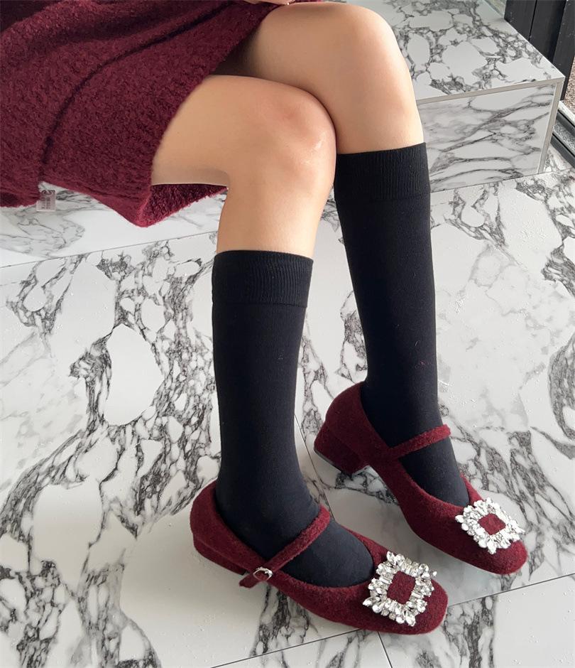 2025 autumn and winter new rhinestone square buckle thick heel versatile temperament single shoes gentle laden shoes French Mary Jane shoes women