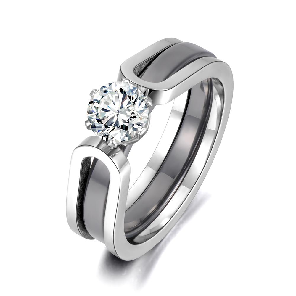 JeeMango 2 In 1 Black/White Ceramic Crystal Wedding Ring Jewelry For Women AAA Cubic Zirconia Stainless Steel Engagement R18071