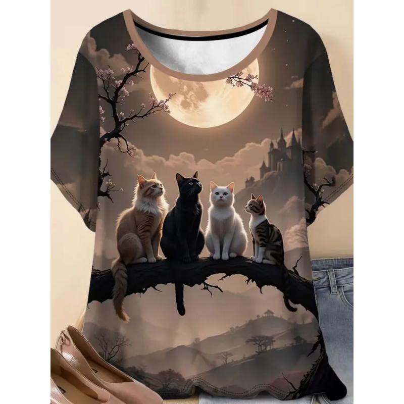 Fashion Women's Crew Neck Short Sleeve 3D Animal Color Printing Animal Short Sleeve Crew Neck T-Shirt