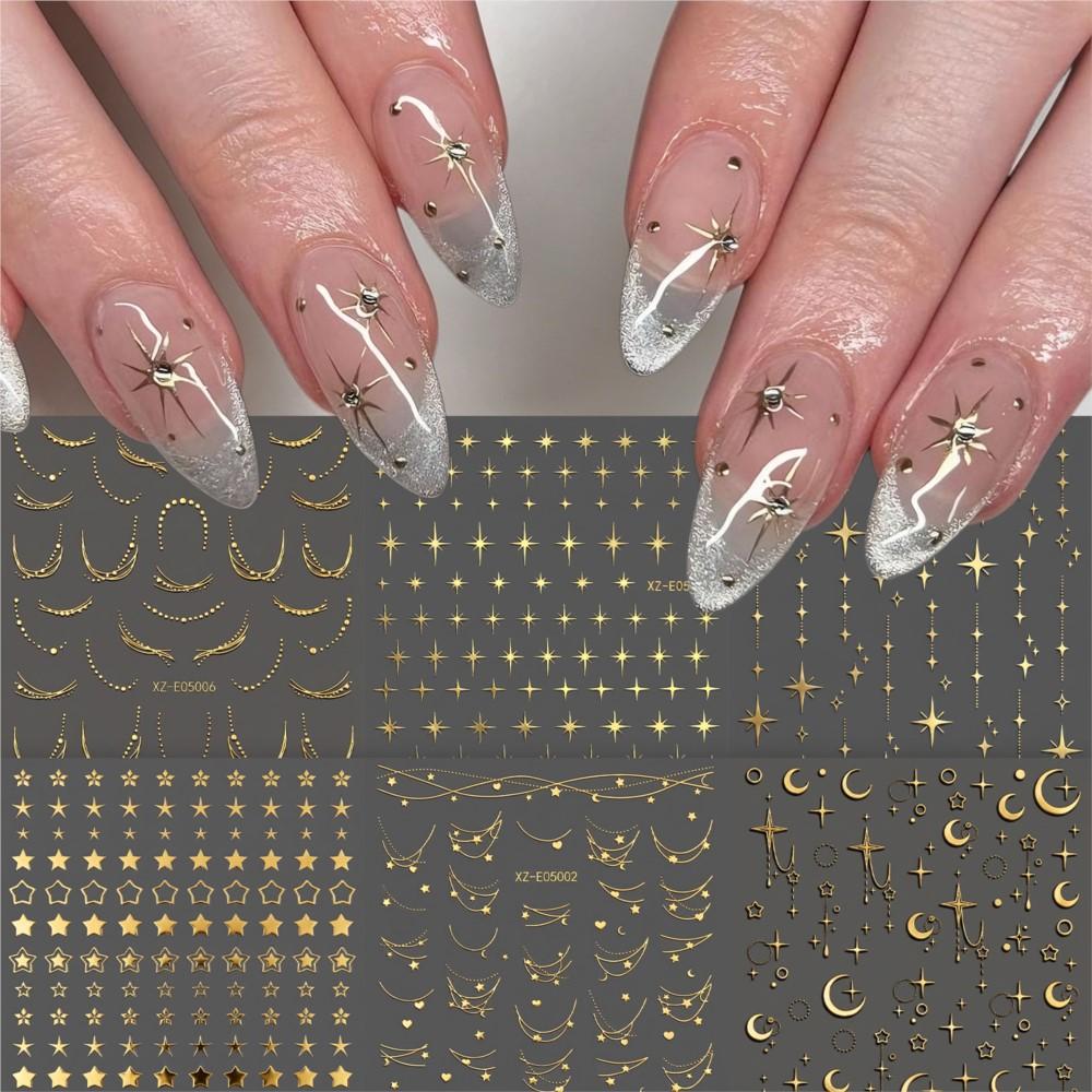 6sheets 3D Bronzing Gold Star Moon Nail Sticker Metal French Chain Star & Starlight Nail Decals Self-Adhesive Nail Decora 8*10cm