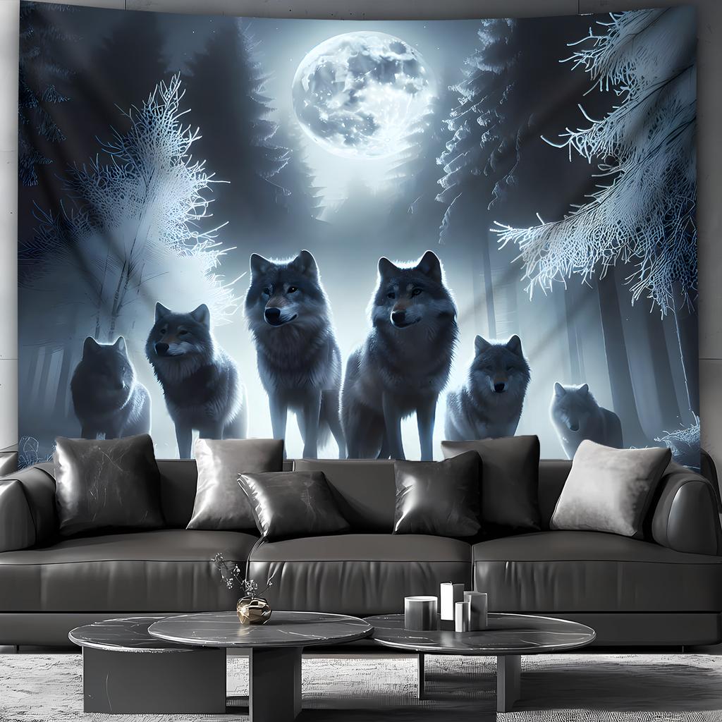 VIKAMA Wolf King Moonlit Forest Tapestry Full Moon Nordic Style Living Room Gaming Streamer Room Mens Room Decor