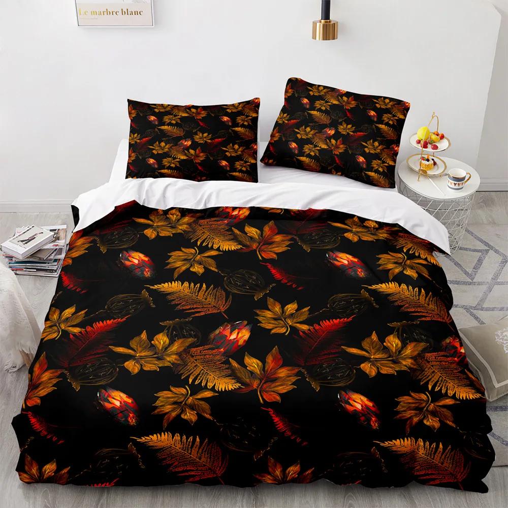 Tropical Plants Floral King Queen Duvet Cover Green Palm Leaves Bedding Set Cream-colored Flowers 2/3pcs Polyester Quilt Cover