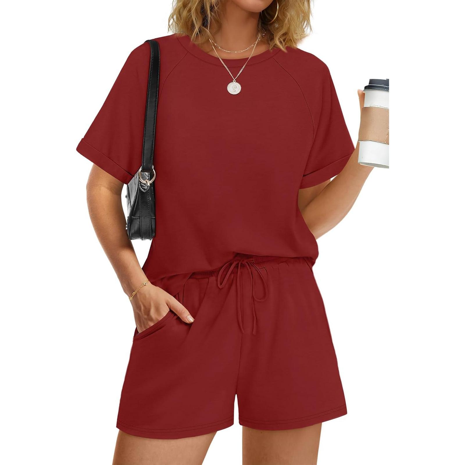 

Women s Fashionable Loose-Fit Short-Sleeve Top + Shorts Casual Two-Piece Set XL винний