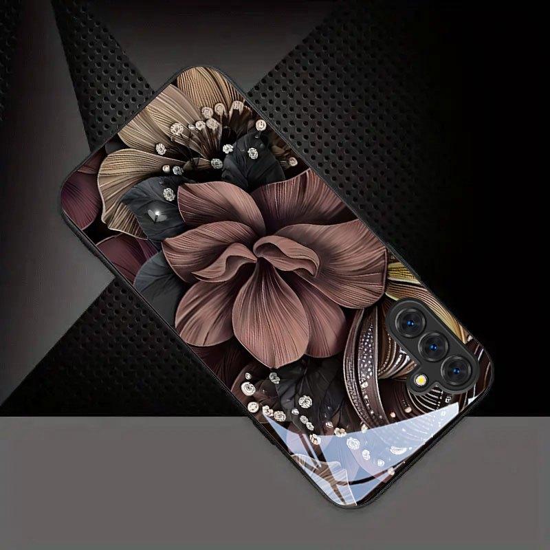 Brown and Black Flower Patterned Glass Phone Case Suitable for Samsung Galaxy S26 S25 S24 S23 S22 S21 S20FE/Ultra/Plus Anti Drop